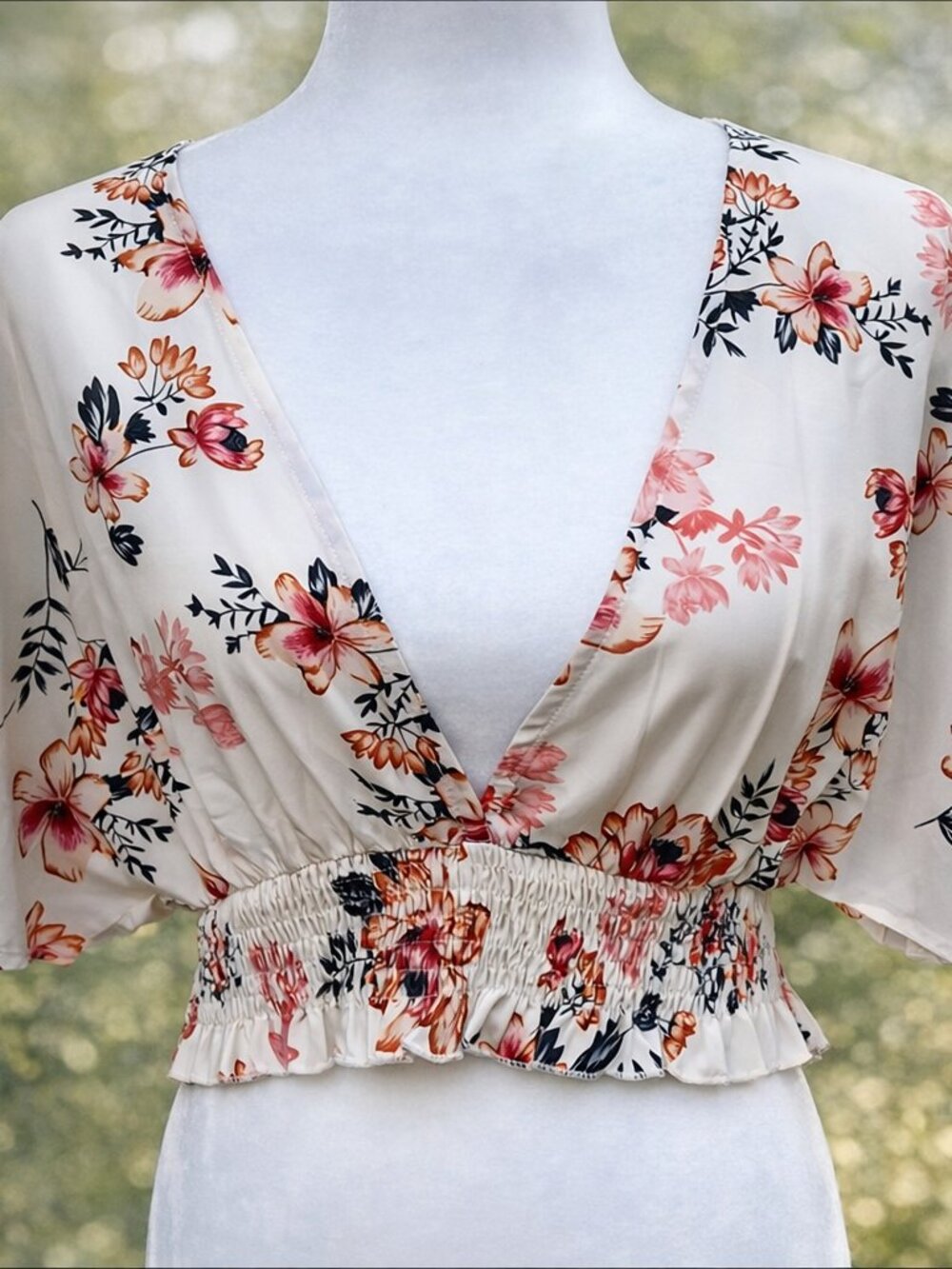 Floral Smocked Crop Blouse • Boho Romantic Top • Deep V Ruffle Hem • Summer Chic